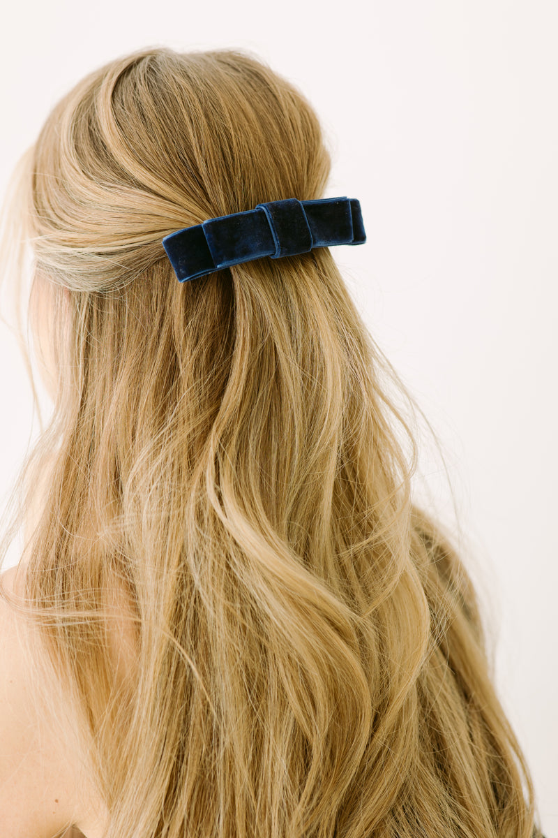 Blue Velvet Bow Barrette Mini